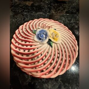 Vintage 19th floral porcelain basket bowl